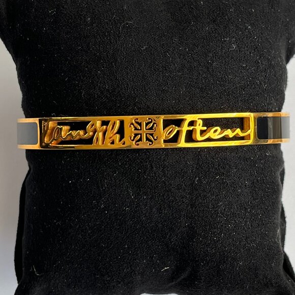 Rustic Cuff Laugh Often Enamel and Goldtone Bangle Cuff Bracelet - Picture 2 of 7